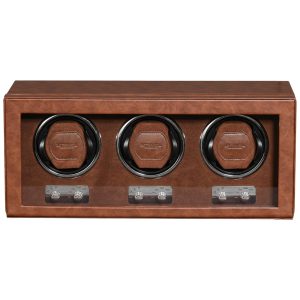 Caixa Estojo de Couro Rotativo Automático para Relógios 3 Lugares ROTHWEL Marrom