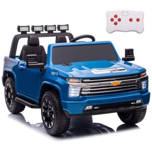 Carro Elétrico Infantil a Bateria 4X4 2 Lugares com Controle Remoto Pneus EVA Música e Luz LED 24V NEWQIDA Chevrolet Silverado HD Azul