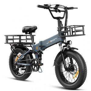Bicicleta elétrica dobrável Jasion azul pneus largos 20x4 motor até 1800W bateria 48V 624/720Wh suspensão dupla 7 marchas carregador 110–220V
