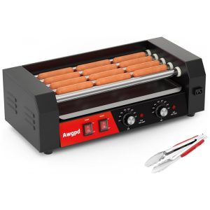 Máquina de Fazer Hot Dog com 5 Rolos de Aço Inoxidável Capacidade para 12 Cachorros-Quentes 750W Controle de Temperatura Duplo Awgpd