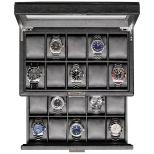 Caixa Estojo de Couro para Relógios com 20 Compartimentos ROTHWELL Preto e Cinza