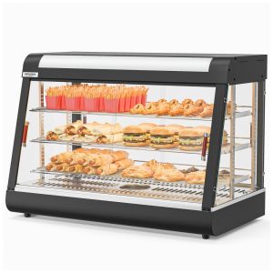 Expositor Aquecedor de Alimentos ROVSUN Preto 3 Níveis 89 cm com Prateleiras Ajustáveis Removíveis LED e Portas de Vidro 110V.