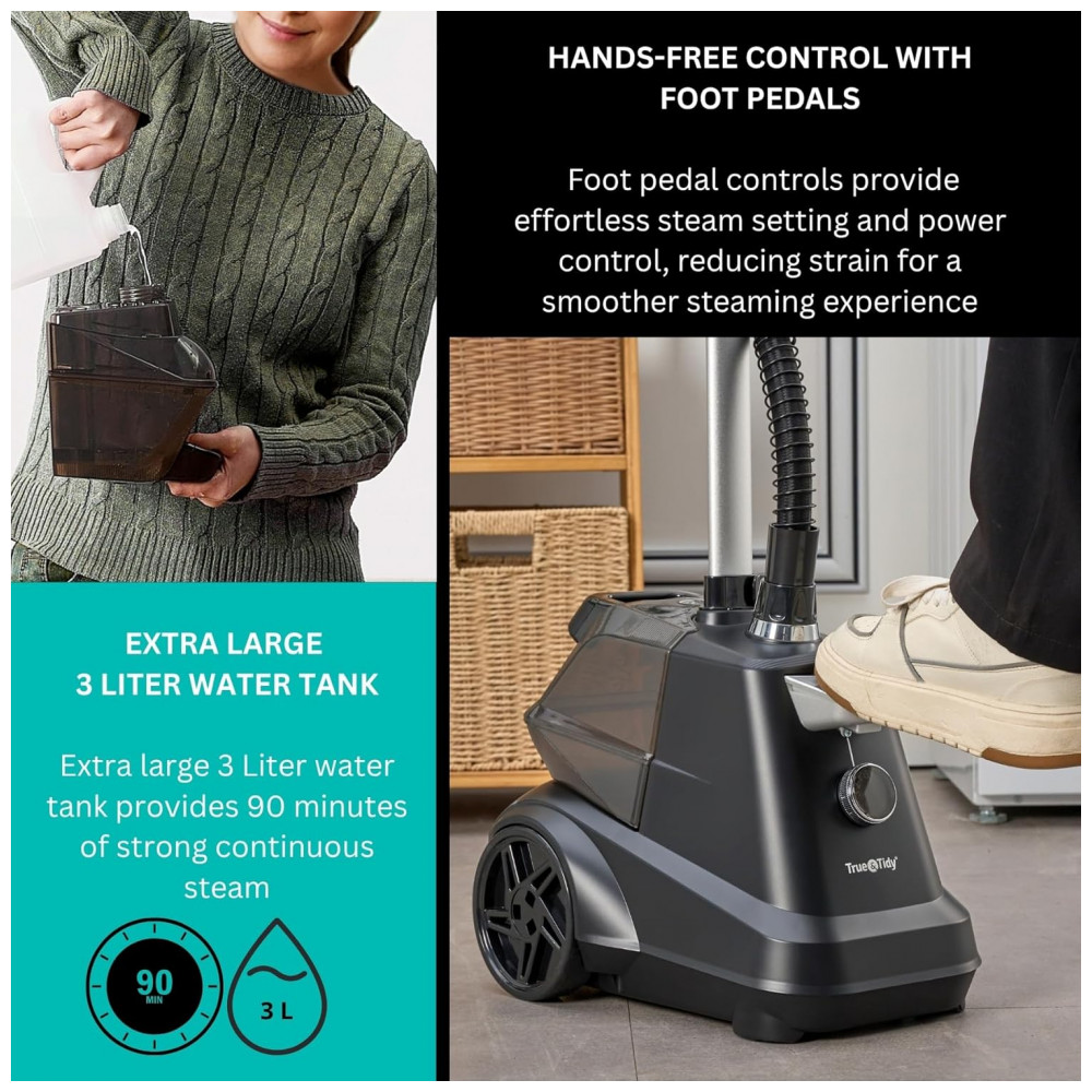 True Tidy Steamer de Roupa de Pé Industrial Pesado para Comércio e Residência, 1800 watts, Reservatório de Água XL 3L, 90 minutos de Vapor, - Imagem 5