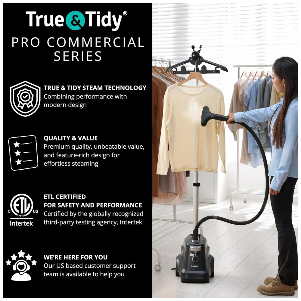 True Tidy Steamer de Roupa de Pé Industrial Pesado para Comércio e Residência, 1800 watts, Reservatório de Água XL 3L, 90 minutos de Vapor, - Imagem 8