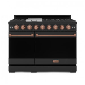 Fogão a gás profissional 122 cm Gordon Ramsay THOR Kitchen preto/rose gold 7 queimadores chapa 15.000 BTU 2 fornos com convecção 198 L e 62 L 110V