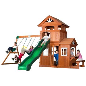 Playground Infantil com Banco para Lanche Parede de Escalada Escorregador de 3 Metros 2 Balanços e Barra de Acrobacias Backyard Discovery Verde