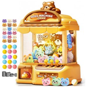 Máquina de Garra Amarela MIAOKE – Mini Arcade Infantil com 30 Mini Brinquedos 20 Gacha 24 Moedas e Música Ajustável
