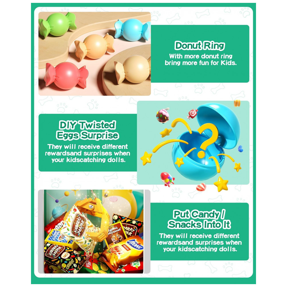 Máquina de Garra Infantil Jovow Doggy Green, Mini Arcade Eletrônica com Música e 30 Brinquedos, Prêmio e Diversão para Festas e Crianças - Imagem 3