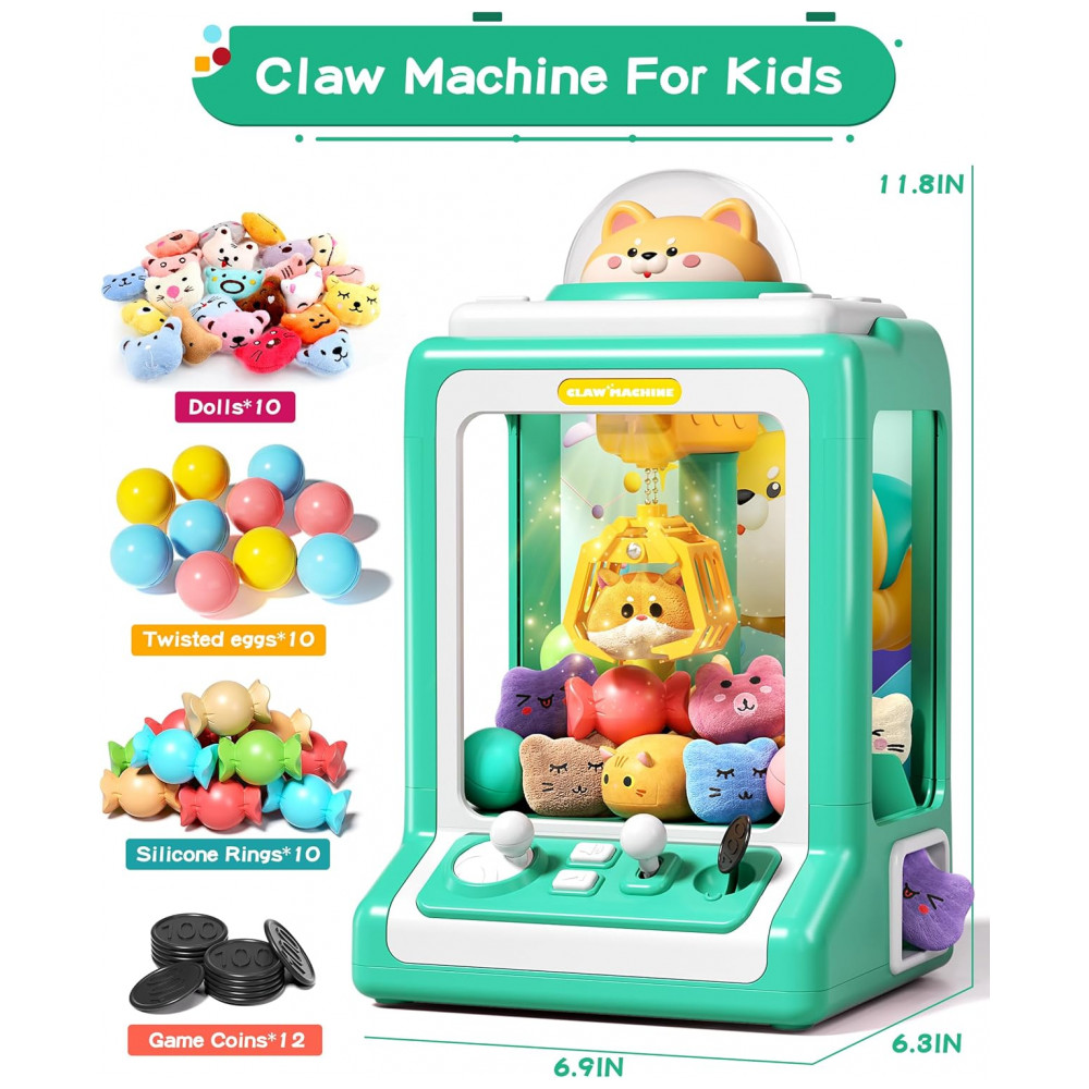 Máquina de Garra Infantil Jovow Doggy Green, Mini Arcade Eletrônica com Música e 30 Brinquedos, Prêmio e Diversão para Festas e Crianças - Imagem 4