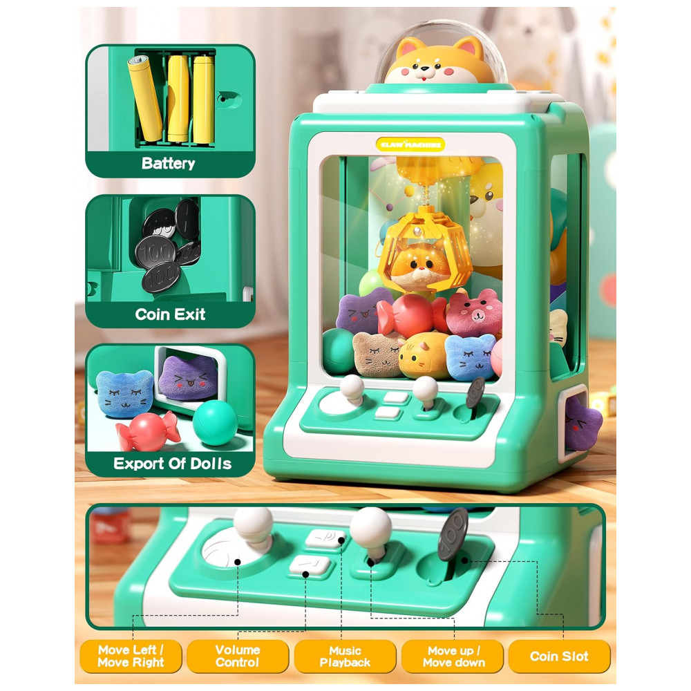 Máquina de Garra Infantil Jovow Doggy Green, Mini Arcade Eletrônica com Música e 30 Brinquedos, Prêmio e Diversão para Festas e Crianças - Imagem 5