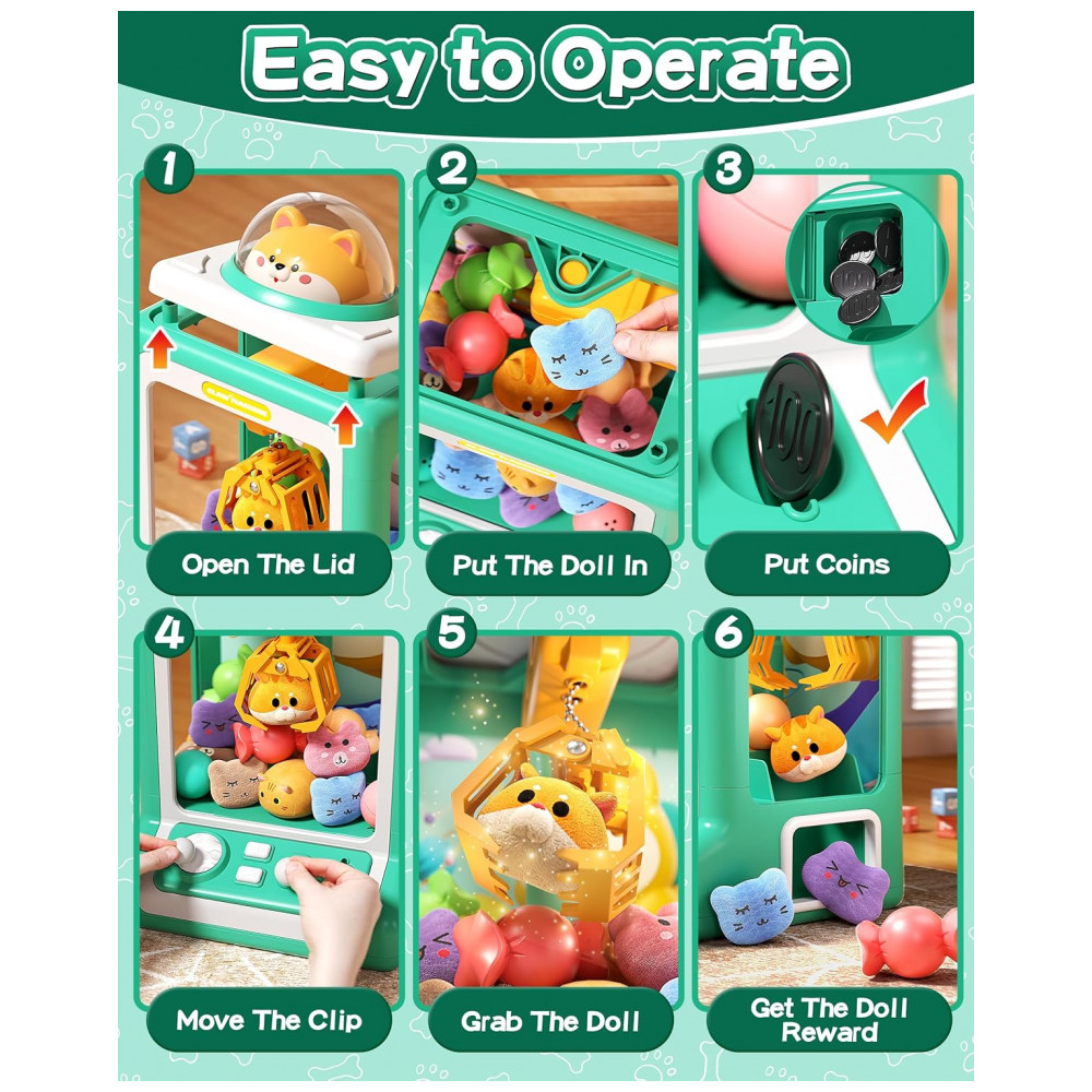 Máquina de Garra Infantil Jovow Doggy Green, Mini Arcade Eletrônica com Música e 30 Brinquedos, Prêmio e Diversão para Festas e Crianças - Imagem 6