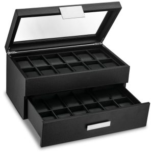 Caixa Estojo de Fibra de Carbono para Relógios com 24 Compartimentos Glenor Co Preto