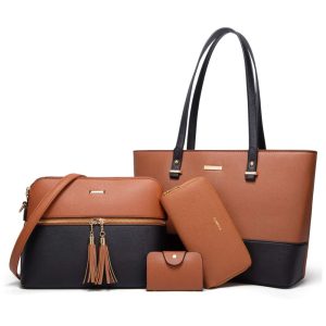 Conjunto de Bolsas Femininas em Couro Sintético 4 Peças com Carteira Lovematch Preto e Marrom