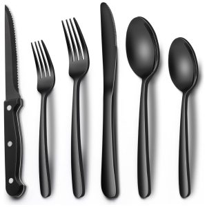 Conjunto de Talheres Premium em Preto 24 Peças em Aço Inox Facas de Churrasco Para 4 Pessoas Talheres de Mesa de Alta QualidadeEWFEN