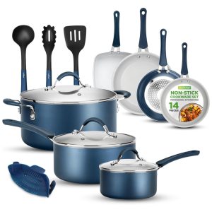 Jogo de Panelas e Frigideiras Antiaderentes em Aço Inoxidável com Utensílios 14 Peças NutriChef NCCW14SBLU Azul