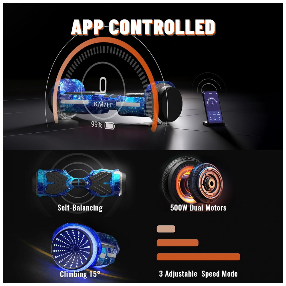 Hoverboard SIMATE com Rodas Coloridas de LED, Alto-falantes Bluetooth e Aplicativo, Duplo Motor de 250W, Velocidade Máxima de 13,7 km/h - Imagem 5