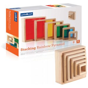 Blocos de Empilhar Pirâmide Arco-Íris Infantil Guidecraft em madeira com janelas acrílicas coloridas