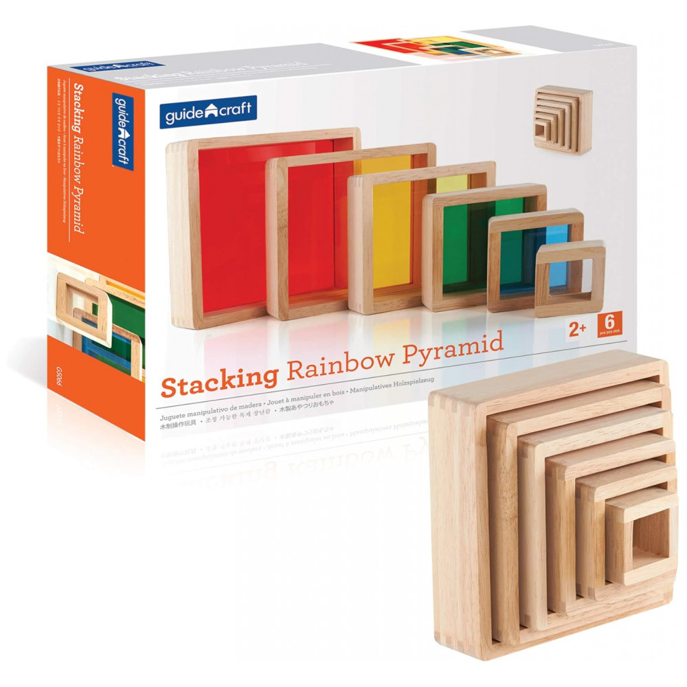 Blocos de Empilhar Pirâmide Arco-Íris Infantil Guidecraft em madeira com janelas acrílicas coloridas