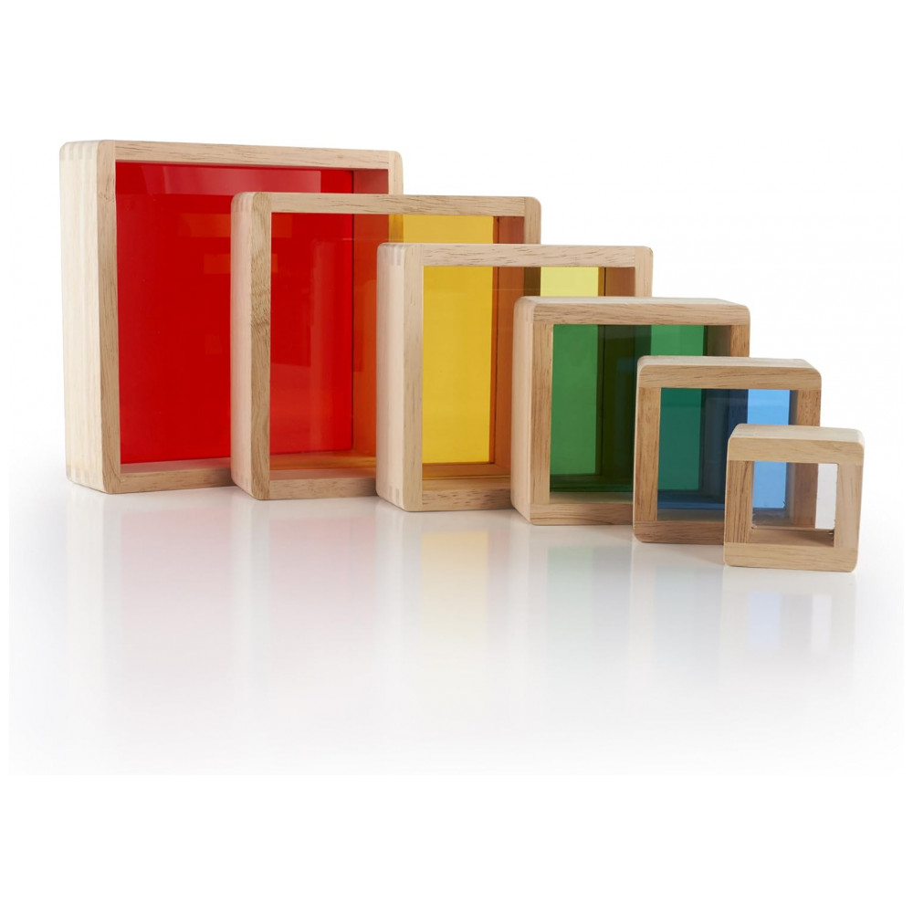 Blocos de Empilhar Pirâmide Arco-Íris Infantil Guidecraft em madeira com janelas acrílicas coloridas - Imagem 3