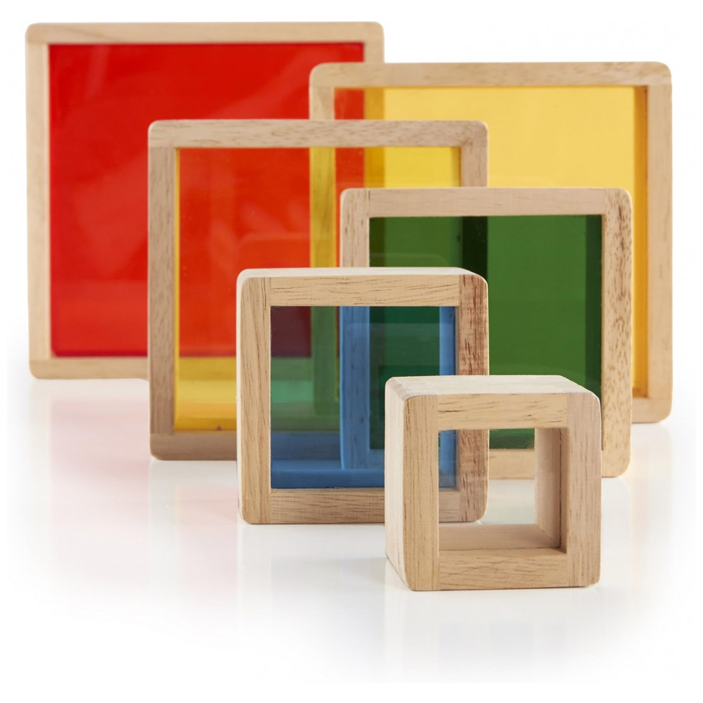 Blocos de Empilhar Pirâmide Arco-Íris Infantil Guidecraft em madeira com janelas acrílicas coloridas - Imagem 5