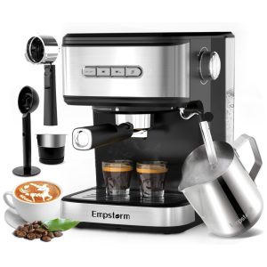 Máquina de Café Expresso Profissional 20 Bar com Bocal de Leite Função Desligamento Automático e Tanque de Água Removível de 14L 110V 850W Empstorm Preta