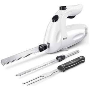 Conjunto de Facas Elétricas Reemix Potentes 150W com Garfo e 2 Lâminas - Ideal para Cortar Carnes Aves e Pães - Branco