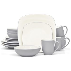 Aparelho de Jantar para Todas as Ocasiões com 16 Peças Formato Quadrado e Material de Cerâmica Noritake Cinza