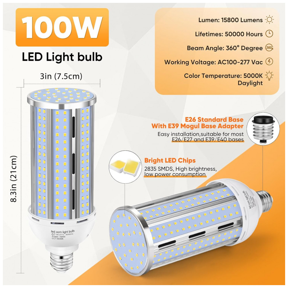 Kit com 2 Lâmpadas de Milho LED 100W, Luz do Dia 5000K, Equivalente a 1000W, Base E26/E39, Design sem Ventoinha, 15.800LM,XYCN - Imagem 3
