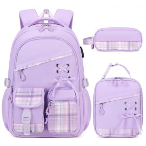 DIGOBAY Mochila 3 em 1 para Meninas com Lancheira estojo e porta USB - Estilo Xadrez Roxo Resistente e Espaçosa