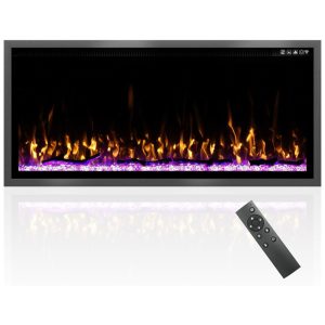 Lareira Elétrica de Embutir A49x106L cm com Temporizador Controle Remoto Termostato Lenha e Cristal Incluídos 110V 1500W Kucreiheat Preta