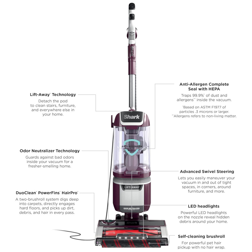 Aspirador Vertical Shark LA702 Rotator Pet LiftAway ADV com Tecnologia DuoClean PowerFins HairPro e Neutralizador de Odores Roxo Vinho com Sistema de Sucção Avançado - Imagem 12
