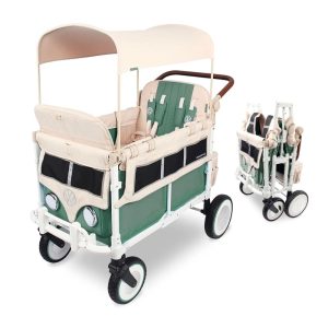 Carrinho de Passeio para 4 Crianças Multifuncional com Faróis Funcionais e Rodas Retrô até 136 kg WONDERFOLD Volkswagen Verde