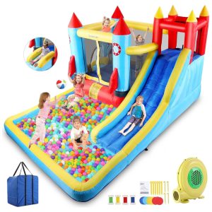Parque Aquático Inflável com 2 Escorregadores Parede de Escalada e Piscina de Bolinhas para Crianças Acima de 2 Anos AKEYDIY Colorido