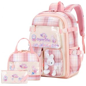 Mochila escolar infantil FIXITOK coelho kawaii 3 peças com lancheira térmica e estojo nylon impermeável rosa xadrez