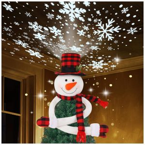 Topo de Árvore de Natal Juegoal com Boneco de Neve e Projetor LED de Flocos de Neve Incorporado Chapéu de Aba Larga e Boneco de Neve
