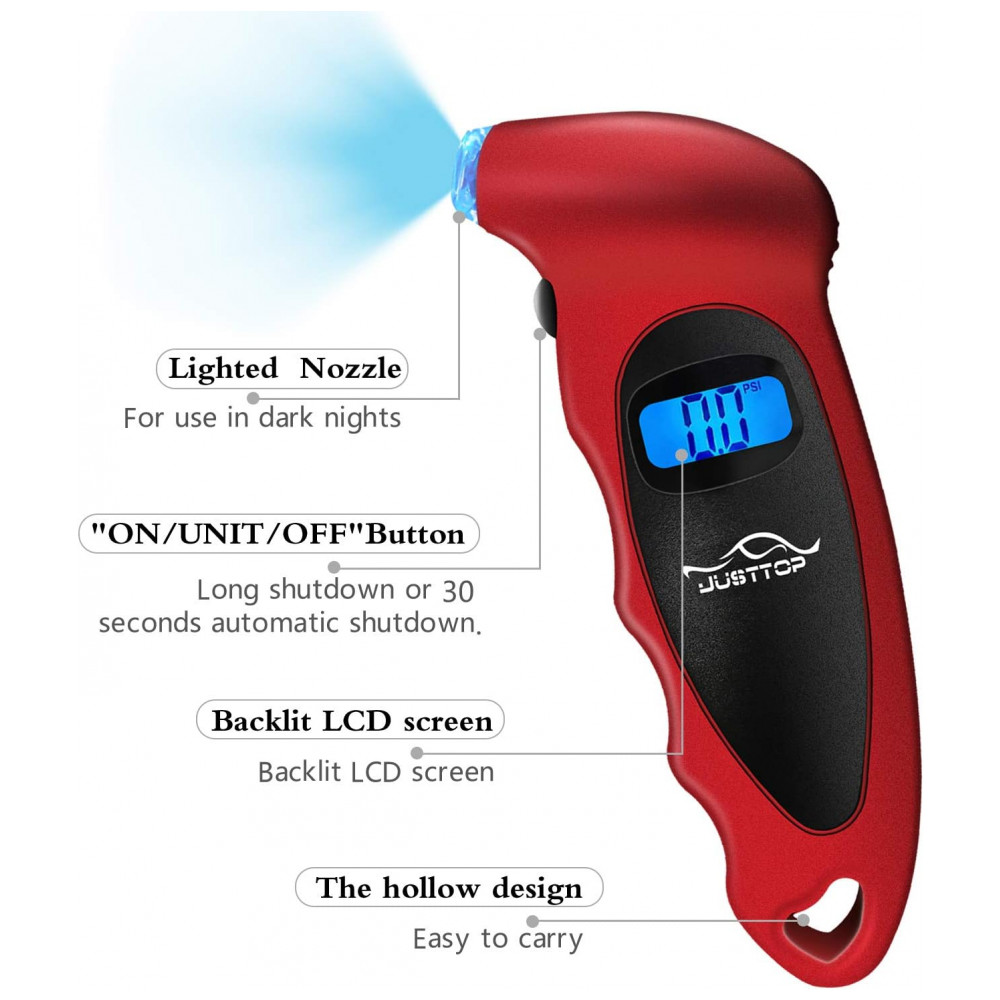 Medidor de Pressão de Pneus Digital JUSTTOP, 150 PSI 4 Configurações para Carros, Caminhões e Bicicletas, Display LCD Retroiluminado e Empunhadura - Imagem 2