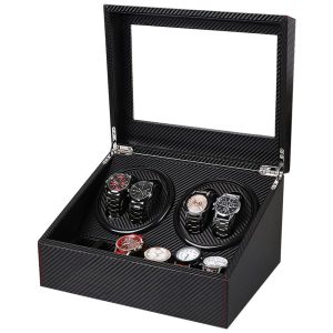Caixa Estojo de Couro Fibra de Carbono Rotativo Automático para Relógios com Adaptador AC Incluído 10 Lugares J T Technology Preto