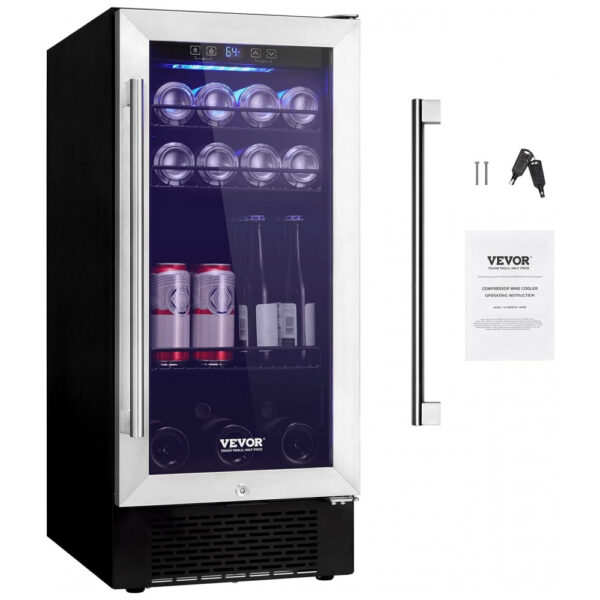 Adega Climatizada 85L com Prateleiras Ajustáveis para até 96 Latas, 110V 80W, VEVOR, Prata