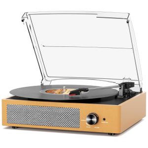 Toca-discos de Vinil Retrô com 2 Caixas de Som Conexão sem Fio 3 Rotações 3 Tamanhos Saída RCA Entrada P2 Saída para Fonescotsoco