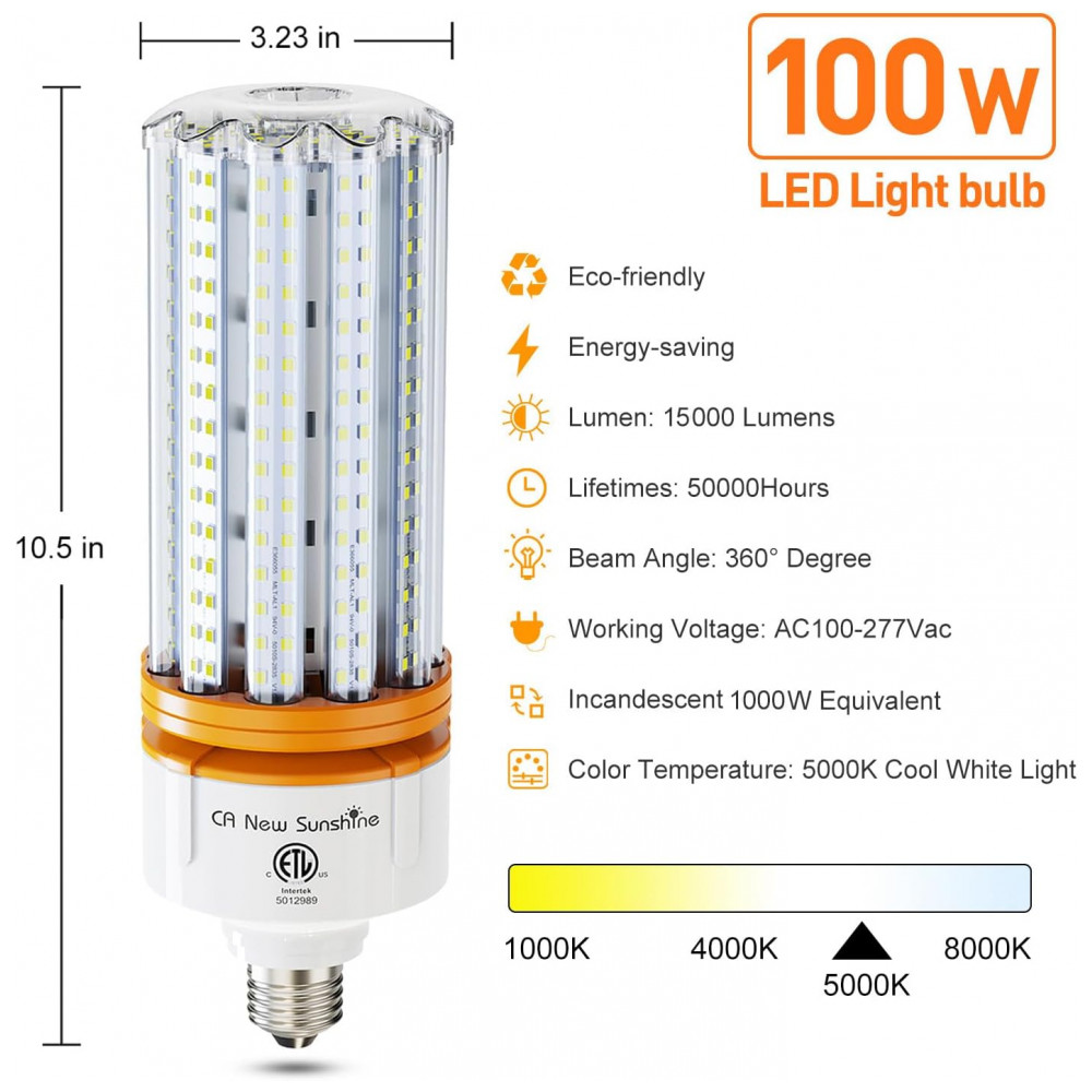 Lâmpada de Milho LED Equivalente a 1000W, 100W, 15000 Lúmens, Luz Branca Natural 5000k, Base Média E26/E39, CA New Sunshine - Imagem 2