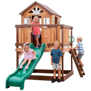 Casinha Infantil de Madeira para Área Externa com Escorregador de Ondas Deck Escada e Régua de Crescimento Backyard Discovery 2102316 Marrom