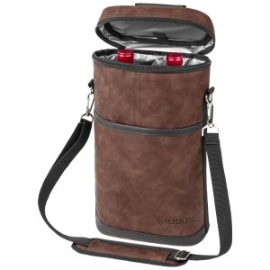 Bolsa Térmica para 2 Garrafas de Vinho OPUX em Couro Marrom - Ideal para Viagens Piqueniques e Presente de Natal para Amantes de Vinho