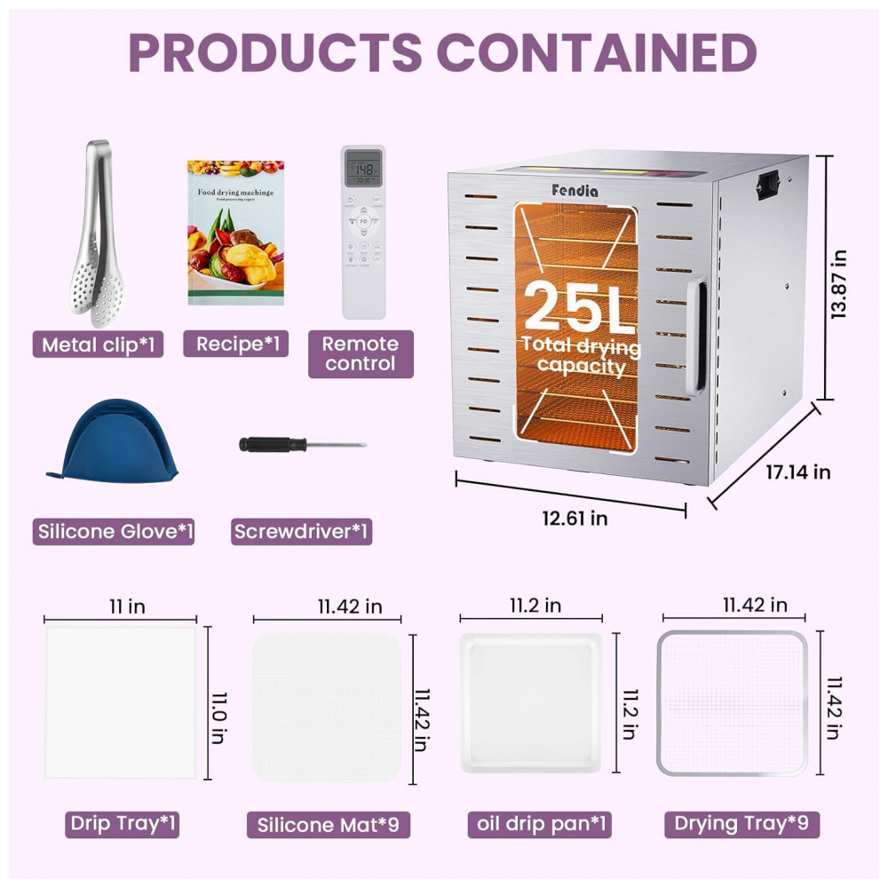 Desidratador de Alimentos para Jerky, 9 Bandejas de Aço Inoxidável, 800W com Controle Remoto, Temporizador de 24H e Controle de Temperatura a 90°C, fendia - Imagem 4
