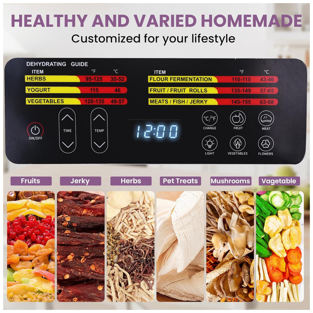 Desidratador de Alimentos para Jerky, 9 Bandejas de Aço Inoxidável, 800W com Controle Remoto, Temporizador de 24H e Controle de Temperatura a 90°C, fendia - Imagem 5