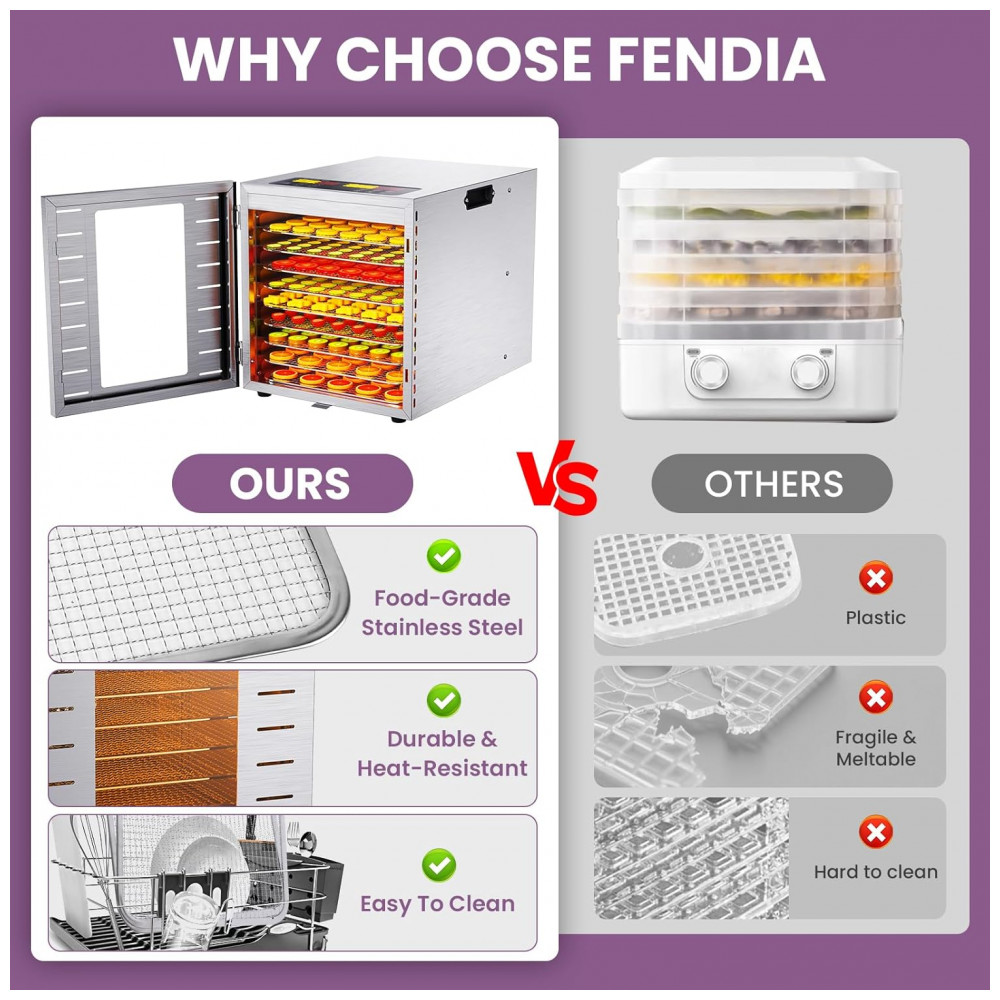 Desidratador de Alimentos para Jerky, 9 Bandejas de Aço Inoxidável, 800W com Controle Remoto, Temporizador de 24H e Controle de Temperatura a 90°C, fendia - Imagem 6