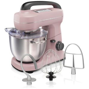 Batedeira Hamilton Beach Elétrica 4 Litros Ganchos para Massa Acessório Batedor Plano Protetor contra Respingos 7 Velocidades com Batedor Rosa