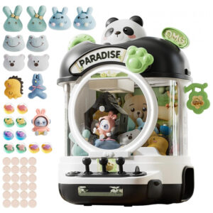 Máquina de Garra Preto e Branco – Mini Arcade Infantil com 10 Pelúcias, 10 Brinquedos, 10 Ovos‑Surpresa, 24 Moedas, Luzes LED e Música