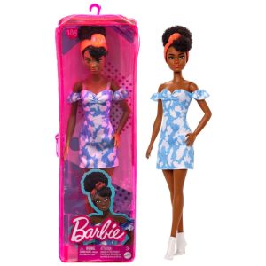 Boneca Barbie Fashionistas 185 com Cabelo Preto Preso e Vestido Jeans Colorido
