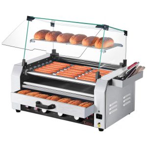 Máquina de Cachorro-Quente VEVOR 18 Hot Dogs em 7 Rolos Grill de Salsichas em Aço Inoxidável 1200W com Aquecedor de Pães Tampa