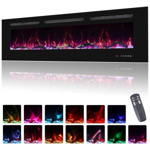 Lareira Elétrica de Embutir A44x152L com Temporizador e Chamas Realista 110V 1500W Oxhark Preta